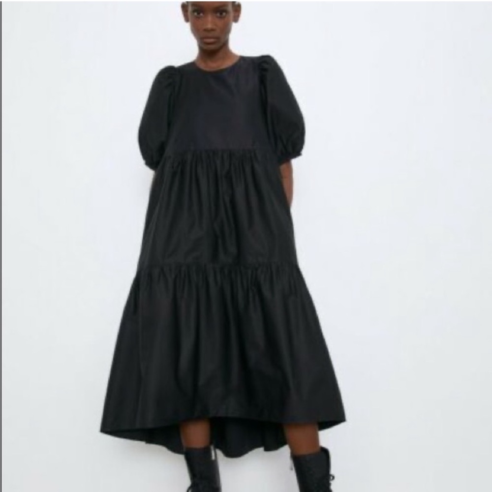 Zara Tiered Midi Puff Sleeve Dress